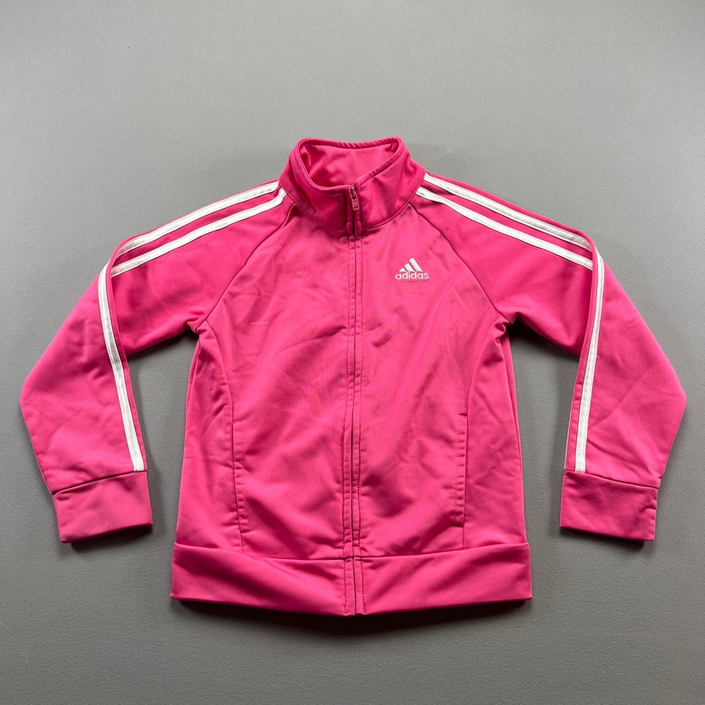 Adidas Track Jacket Girls 6 Pink Striped Raglan Sleeve Running Athletic Full Zip